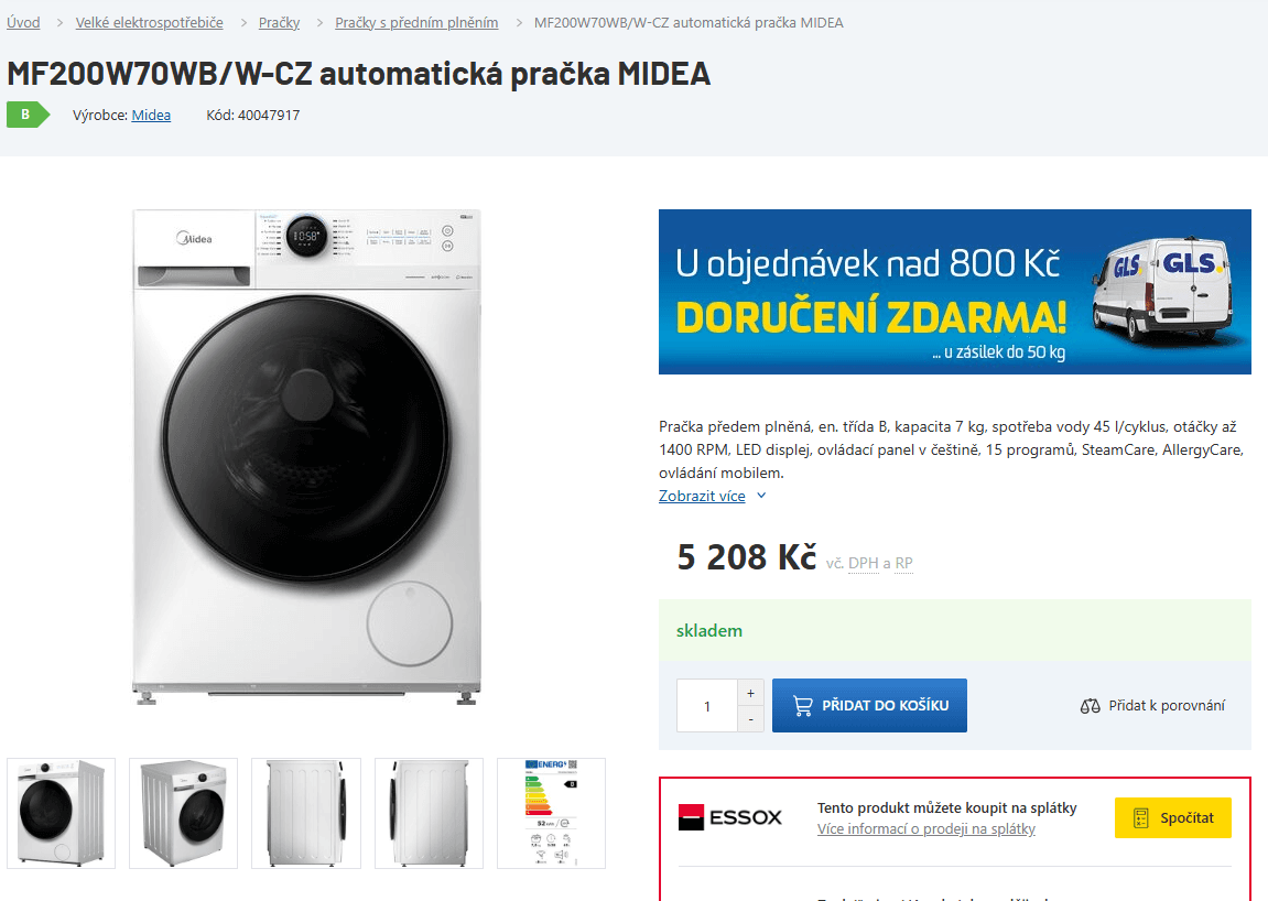 Parní pračka Midea 7kg, 1400ot., B